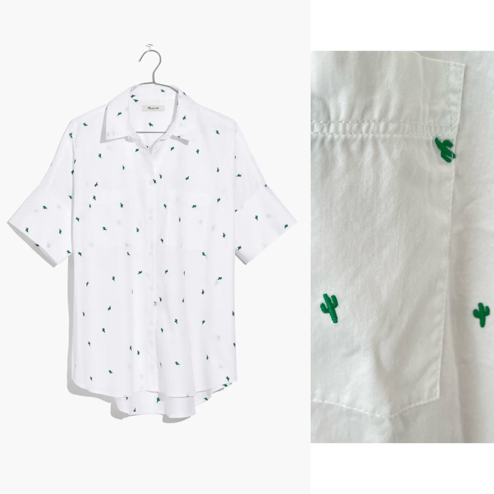 Madewell White Short-Sleeve Button-Down with Green Cactus Embroidery